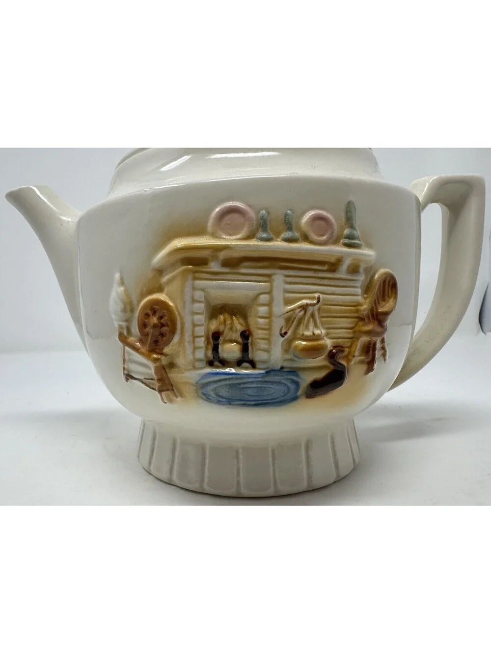 Vintage 1930's Porcelier Teapot Tea Pot Hearth Home Scene USA Vitreous China